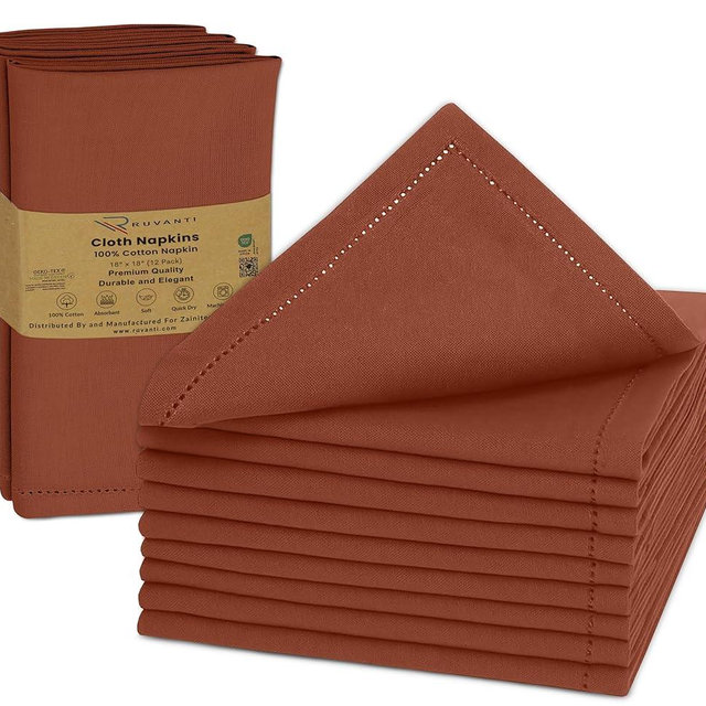 Ruvanti Cloth Napkins - 100% Cotton Dinner Napkins, Hem Stitched Corners, 18x18 Inch, 12 Pack - Soft, Absorbent, Durable, Reusable, Wrinkle Resistant for Formal Dining & Everyday Use - Rust