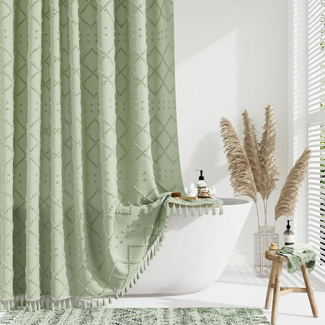 Dynamene sage green Fabric Shower Curtain, Boho Tufted Geometric Striped Tassel Shower Curtain for Bathroom, Shabby Chic Modern Farmhouse Waterproof Cloth Shower Curtain Set, Wrinkle Free, 72x72