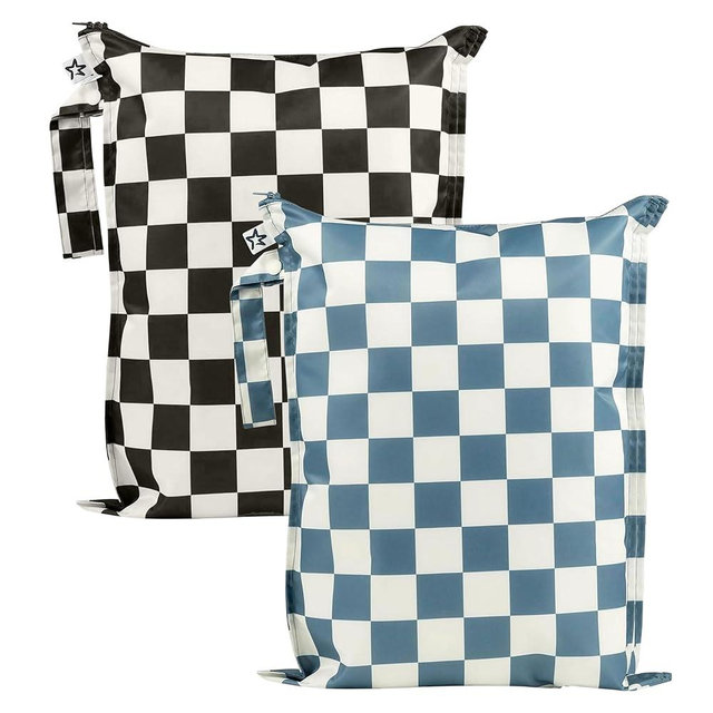 Tiny Twinkle Mess proof Waterproof Wet Dry Bag,2pk Reusable Wet Bags for Swimsuits&Baby Clothes,Leakproof Wet Bag,Waterproof Bag for Travel&Diaper bag,Wet Bags for Baby (Blue, Black Checkers)