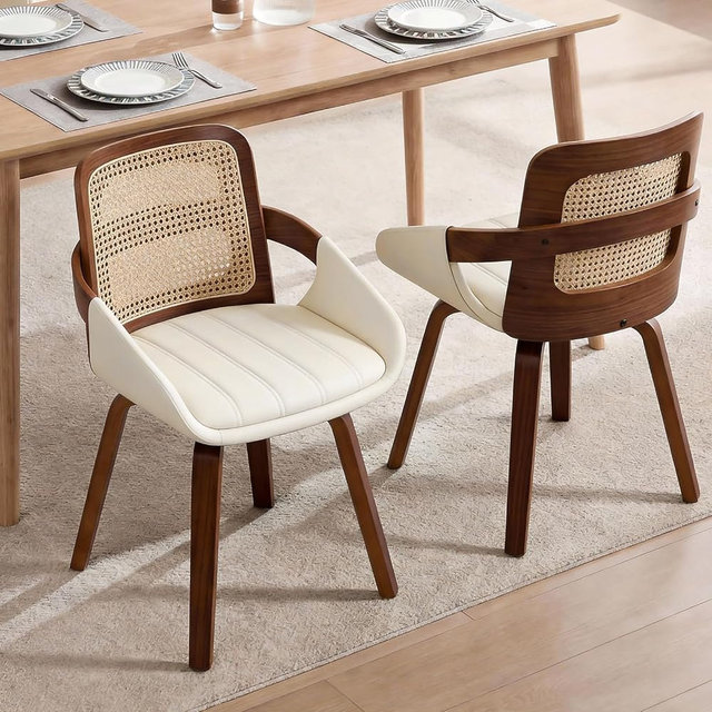 Set of 2 Rattan Dining Chairs - Mid Century Modern Dining Chairs with Walnut Bentwood Frame, Ergonomic Rattan Back, Curved Arms, Versatile for Living Room/Conference/Kitchen (White)
