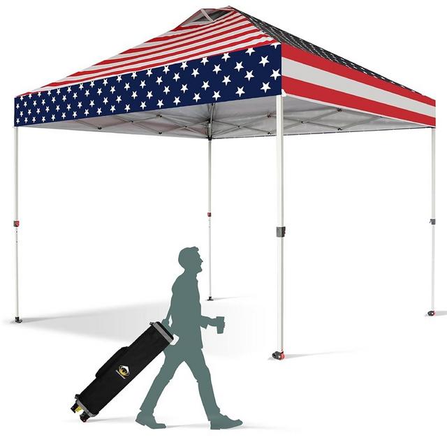 Crown Shades 10x10 Pop up Canopy Tent, Patented One Push Pop Up Tent with Wheeled Carry Bag, Bonus 8 Stakes and 4 Ropes, American Flag
