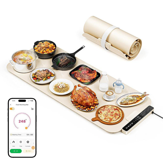Vabaso Extra Large Food Warming Mat with APP, 37"x15" DIY Temperature & Timer Settings, Heats in 5s, Electric Warming Tray with Child Safety Lock, Warming Mat for Food & Countertop - Kosher Certified