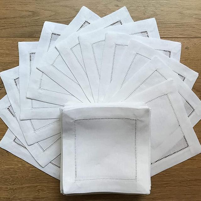 White Linen Cocktail Napkin 6"x6" Set of 50 Linen Cloth Napkin Coasters-Ladder Hemstitch 100% Linen Beverage Party Napkin Coaster Super Value Bulk 50 Pack