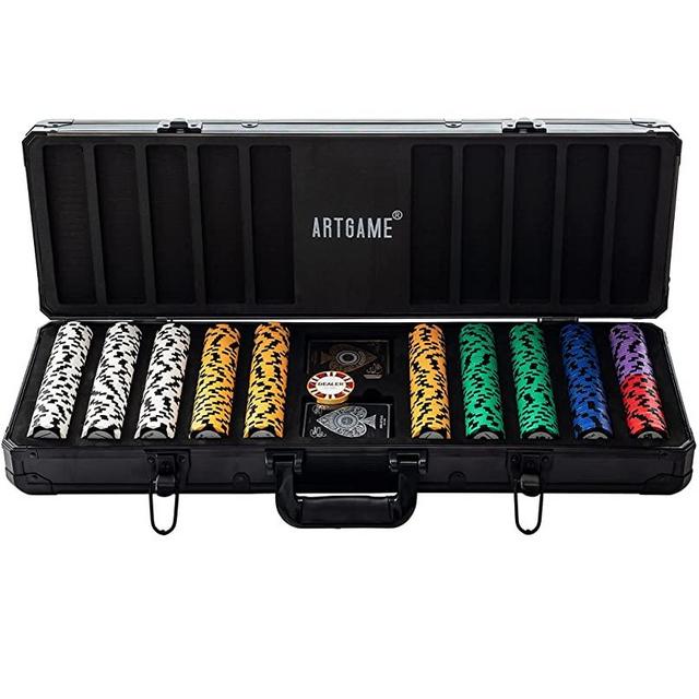 Artgame 14 Gram Clay Poker Chip Set for Texas Hold’em, 500 Pcs Casino Style Chips, with K-Type Aluminum Case and Dealer Buttons.