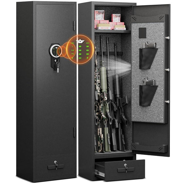 Riflewell Gun Safe, 4-5 Gun Rifle Safe for Home Rifle and Pistols, Quick Access Gun Safes with Drawer, Removable Shelf and Pistol Bags, Digital Keypad Gun Safe with Adjustable Gun Rack
