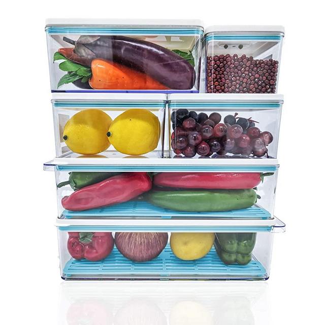 MineSign 6 Pack Plastic Stackable Food Storage Containers With Vented Lids And Drain Tray For Refrigerator Produce Saver Organizer Keeper Bins For Fridge Freezer Cabinet Kitchen Organization