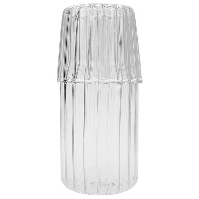 Sizikato 15 Oz Clear Striped Glass Bedside Night Water Carafe with Tumbler Glass.