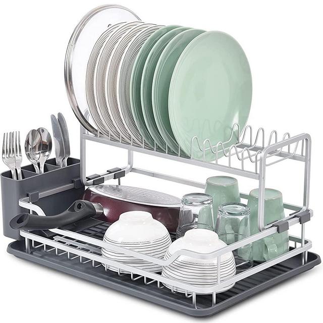 KINGRACK Aluminium 2 Tier Dish Rack, Dish Drying Rack with Removeable Plate Rack, Dish Drainer with Drip Tray and Cutlery Holder for Kitchen Countertop, Grey