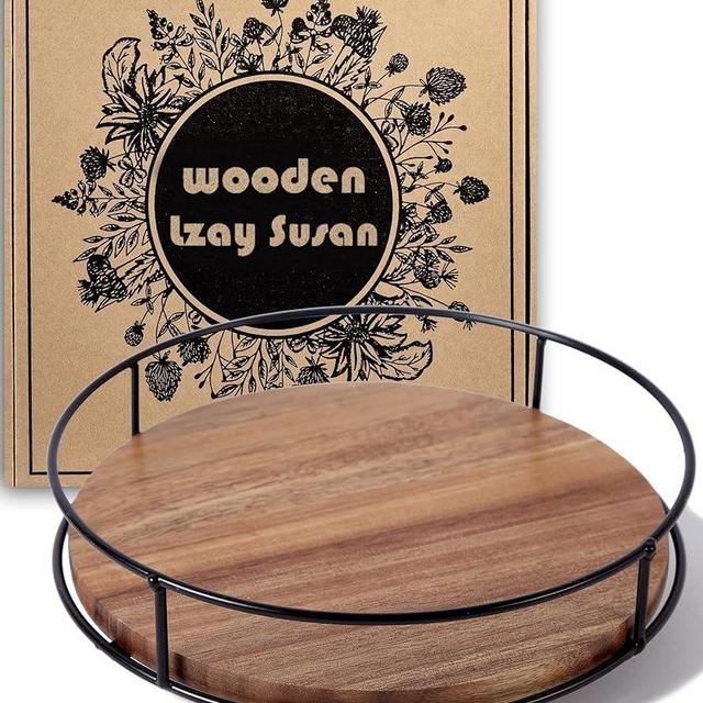 9" Acacia Wood Lazy Susan Turntable, Tomoaza Kitchen Organizer Turntable with Steel Sides, 360 Degree Turntable for Countertop Cabinet or Dining Table(Black)