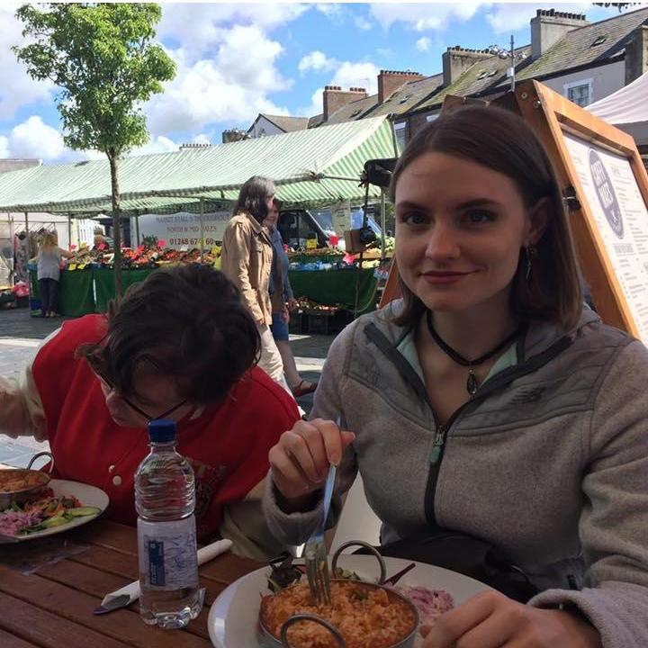 Sarah and Zoe get curry in Wales, May 2017.