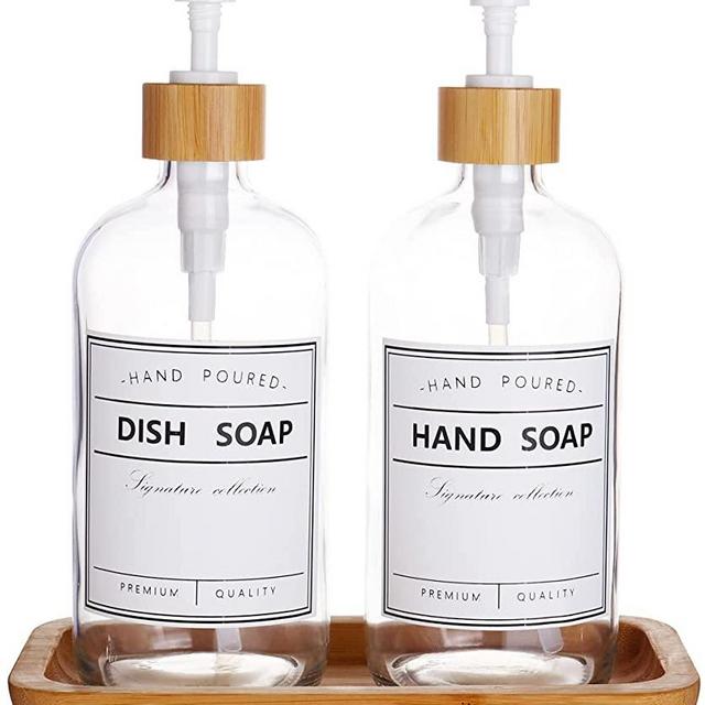 17 Oz Dish Soap Dispenser for Kitchen Sink, Bathroom Soap Dispenser, Glass Soap Dispenser with Pump, Shampoo Dispenser with Waterproof Labels, Hand Soap Dispenser with Bamboo Tray (Clear)