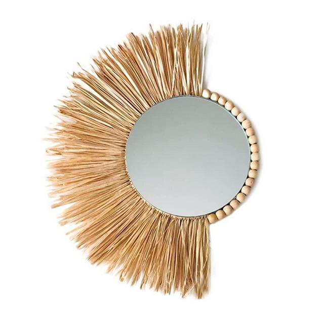 Charque Wall Mirror Woven Hanging Rattan Makeup Handmade Wall-Mounted Round Natural for Bedroom Living Room,Home Rustic, Vintage, African, Farmhouse (A)