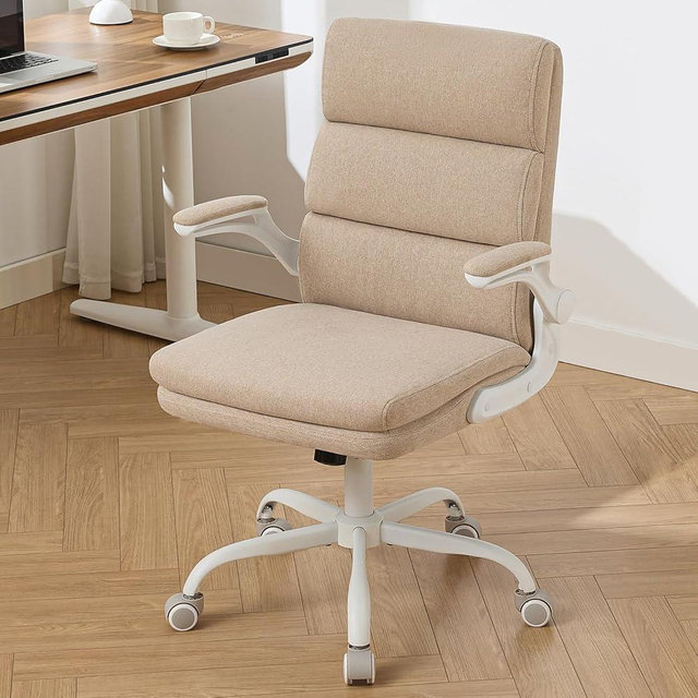 amseatec Office Chair Adjustable Desk Chair Mid Back Executive Comfortable Fabric Ergonomic Back Support Home Computer Chair with Padded Flip-up Armrest Swivel Wheels (Beige)