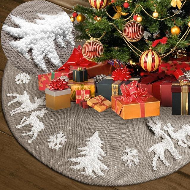 XVWJ Christmas Tree Skirt, 48in Beige Christmas Decorations Skirts for Xmas Tree with 3D Knitted Reindeer Snowflake Pattern,Cable Knit Thick Rustic Christmas Ornaments for Home Hoilday New Year Tree