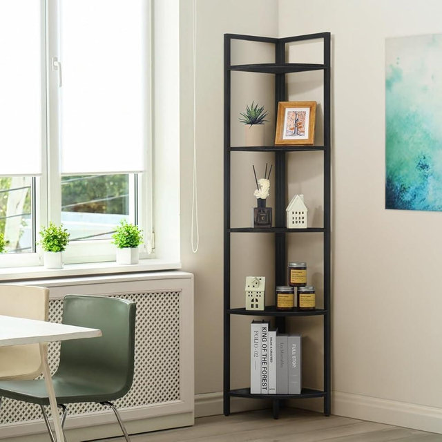 CAPHAUS 5 Tier Corner Shelf, 59.1-Inch Tall Corner Bookshelf, Corner Display Rack with Metal Frame, Round Corner Shelf Unit Rack, Tall Corner Stand for Bathroom, Living Room, Home, Office, Black