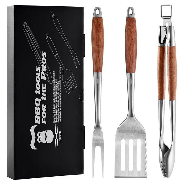 Heavy-Duty Rose Wooden BBQ Grilling Tools Set. Extra Thick Stainless Steel Multi-Function Spatula, Fork & Tongs | Essential Accessories for Barbecue & Grill. Ideal Gift for Father & Women