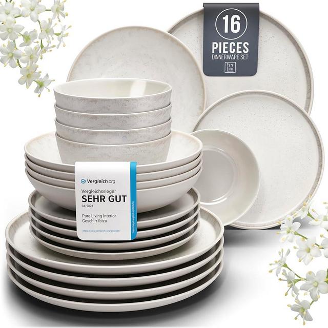 Stoneware dinnerware set 4 persons 16 pcs - Mediterranean dinnerware set, dishwasher, microwave and scratch resistant - bowl and plate set - dinnerware Pure Living Light Beige…