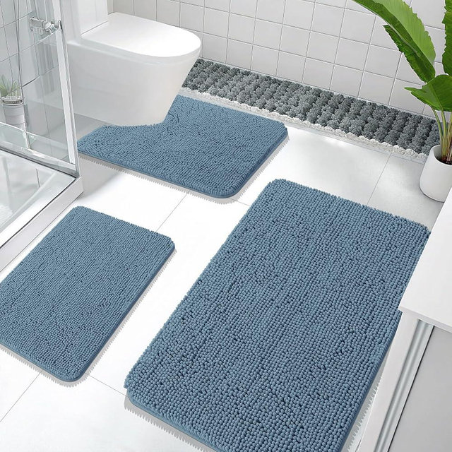 OLANLY Bathroom Rugs Sets 3 Piece, Soft Absorbent Chenille Bath Mats and U-Shaped Contour Toilet Rug, Quick Dry, Home Decor Accessories, Bath Mat Set for Bathroom (36"x24"+24"x16"+24"x20", Airy Blue)