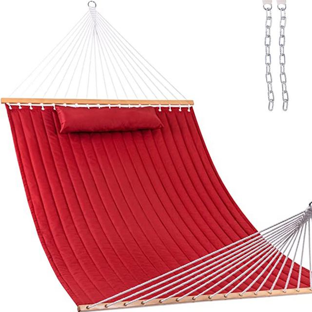 Lazy Daze 12 FT Double Quilted Fabric Hammock with Spreader Bars and Detachable Pillow, 2 Person Hammock for Outdoor Patio Backyard Poolside, 450 LBS Weight Capacity, Burgundy