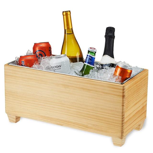 Twine Ice Wood and Galvanized Metal Tub-Wooden Bucket And Beer Chiller-Holds 4 Wine Bottles or 5.4 Gallons Set of 1, Brown