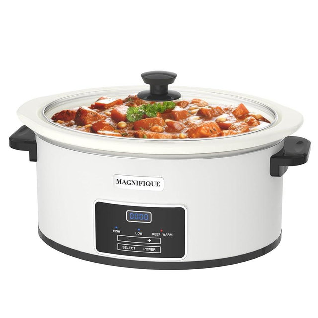 MAGNIFIQUE 7-Quart Programmable Slow Cooker with Timer Keep Warm - Small Kitchen Appliance for Family Dinners - Serves 6+ People (White)