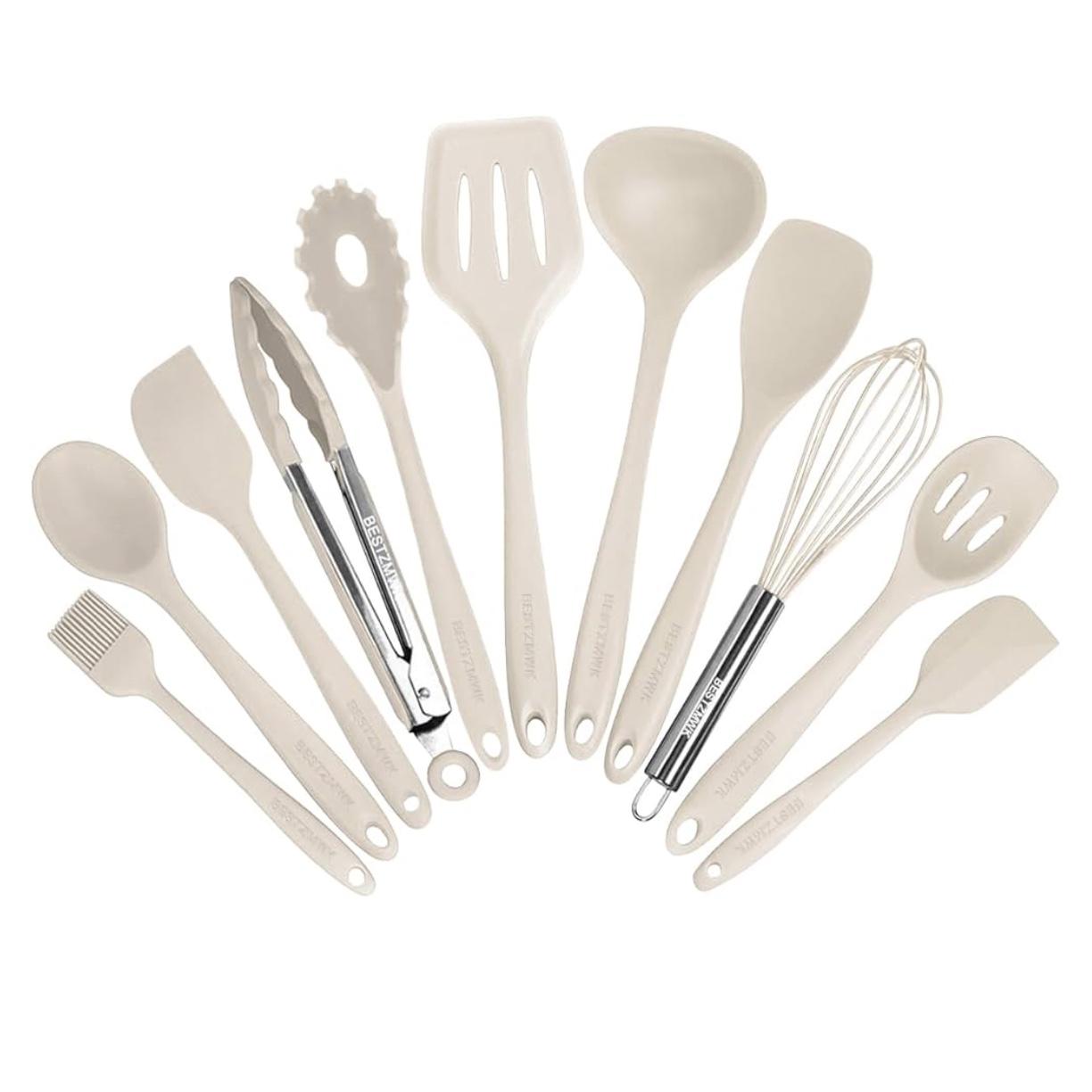 Kitchen Utensil Set - 11 Cooking Utensils - Colorful Silicone Kitchen Utensils - Nonstick Cookware with Spatula Set - Colored Best Kitchen Tools Kitchen Gadgets (Khaki)