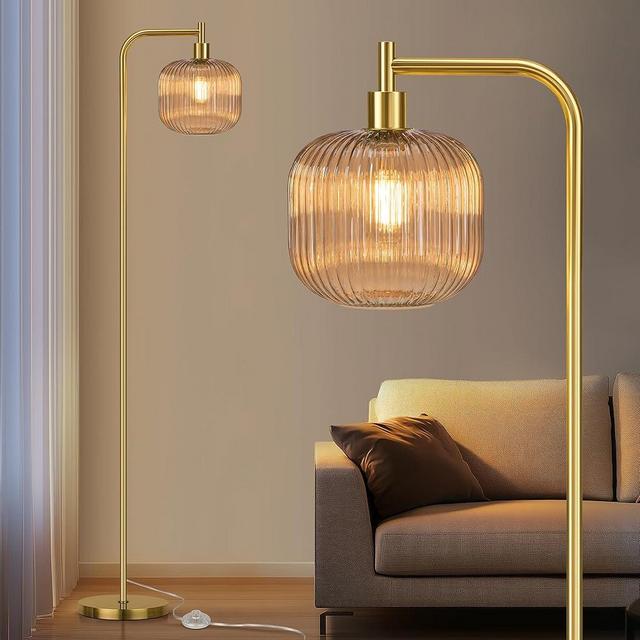 QiMH Glass Floor Lamp for Living Room, Modern Standing Lamp with Ribbed Champagne Glass Lampshade Pedal Switch, 67” Tall Lamp for Bedroom Study Room, Brushed Gold (2700K LED Bulb Included)