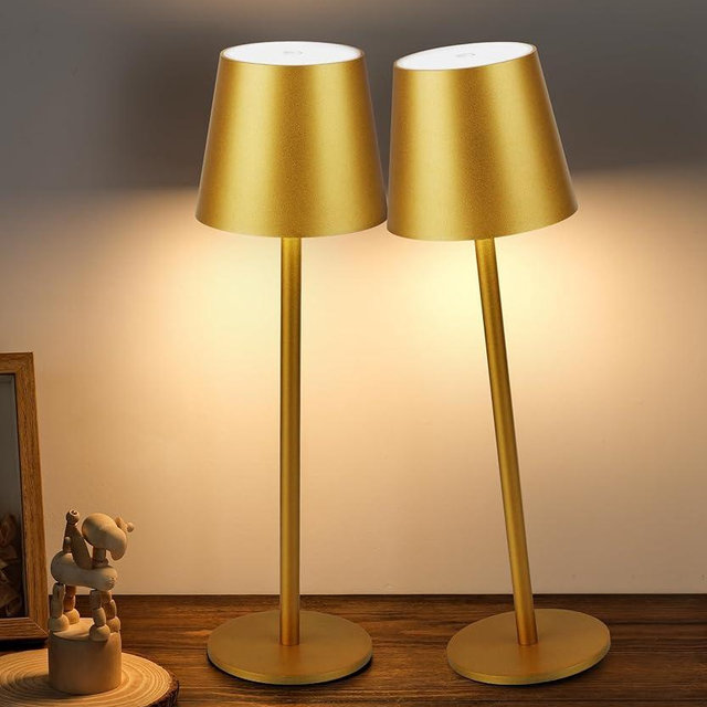 Faithorse 2Pack Gold Cordless Table Lamp, 5200mAh IP54 Waterproof Rechargeable Battery Desk Lamp, 3 Color Stepless Dimming Up，Battery Operated Lamp for Kitchen/Outdoor/Restaurant/Camping (Gold)