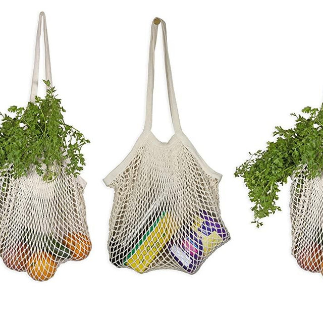Organic Cotton Mesh Tote Bags – Reusable Washable French Market Bags - Net String Crochet Bags with Long Handles for Grocery, Vegetables, Fruits | Stretchable, Easy to Fold & Compact to Carry (3 Bags)