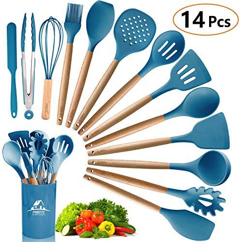 MIBOTE 14PCS Silicone Cooking Kitchen Utensils Set with Holder, Wooden Handles BPA Free Non Toxic Silicone Turner Tongs Spatula Spoon Kitchen Gadgets Utensil Set for Nonstick Cookware (Blue)