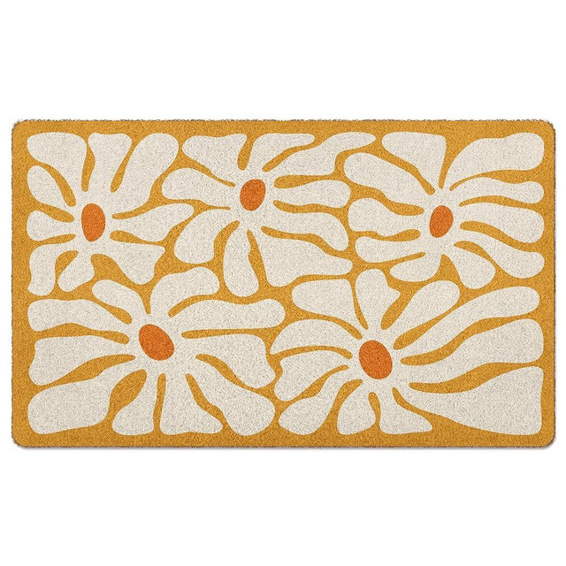 Qskjre Boho Yello Floral Door Mat, Bohemian Flower Welcome Front Faux Coir Doormat for Indoor Outdoor Entrance Kitchen, Boho Cute Flower Botanica Decorative Door Mats Small Rug 17X29 Inch