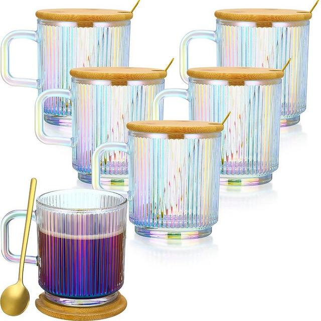 6 Sets Iridescent Glass Coffee Mug with Lids and Spoon 12 oz Vertical Stripes Glass Tea Cup Vintage Clear decorative Cute Mugs for Women Men Espresso Latte Milk Juice Water Birthday Travel Home