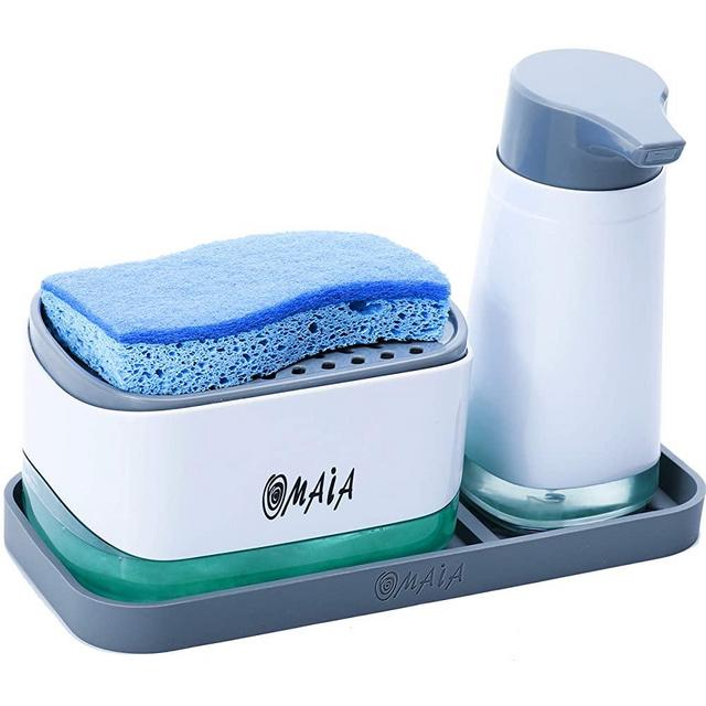 OMAIA 4-in-1 Kitchen Soap Dispenser Set - Dish Dispenser with Sponge Holder + Liquid Pump Hand Dispenser + Silicone Tray - Countertop Sink Organizer Accessory - Easy to Use & Refill - Rustproof
