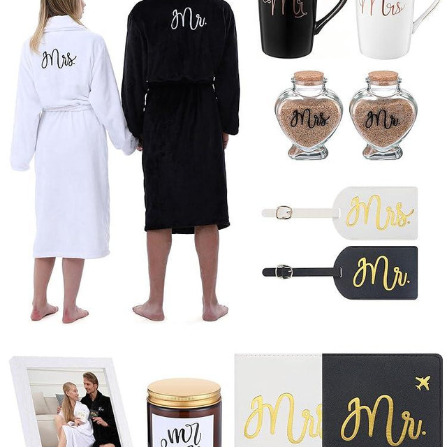 Jecery 12 Pcs His and Hers Gifts for Couples Mr and Mrs Bathrobes Flannel Embroidered Matching Robes Coffee Cups Wedding Engagement Honeymoon Essentials Anniversary Christmas Travel Gift Set