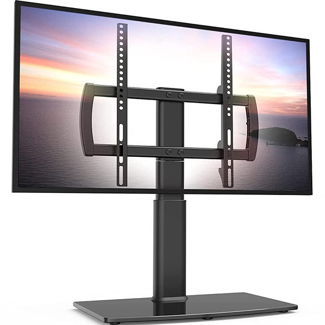 Universal Swivel TV Stand/Base Table Top TV Stand 27 to 55 inch TVs 80 Degree Swivel, 4 Level Height Adjustable, Heavy Duty Tempered Glass Base, Holds up to 99lbs Screens, HT04B-001