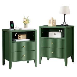 Nightstand Set of 2 with Charging Station, 22" Fluted Bedside Table with 2 Drawers, Open Shelf, Rounded Top & Solid Wood Legs,Green - Green, Set of 2