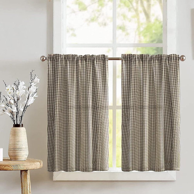lovemyfabric Light Weight Cotton Decorative 1/8th Inch Small Checkered Plaid Print Café Tier Curtains Window Treatment/Window Décor (Tier Curtains 27" Wide / 36" Tall, Brown)