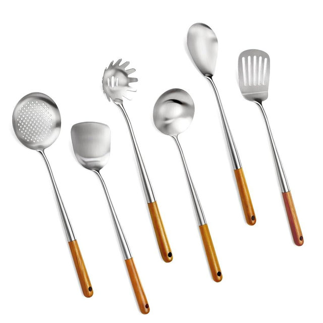 16.6 inch Stainless Steel Kitchen Utensils Set with Wood Handle, 6pcs Long Metal Cooking Utensils Set for Commercial Includes Wok Spatula, Ladle, Skimmer, Slotted Turner, Spoon