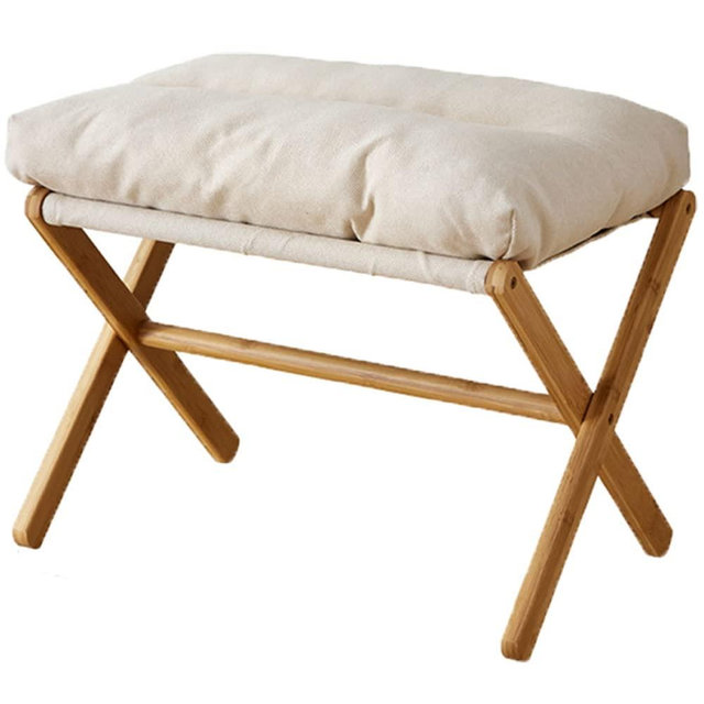 Baveke Folding Upholstered Footrest Stool, Small Accent Ottoman with Thick Cotton Cushion & Bamboo X Legs, Modern Padded Sofa Stool for Makeup Bedroom Living Room (Beige)