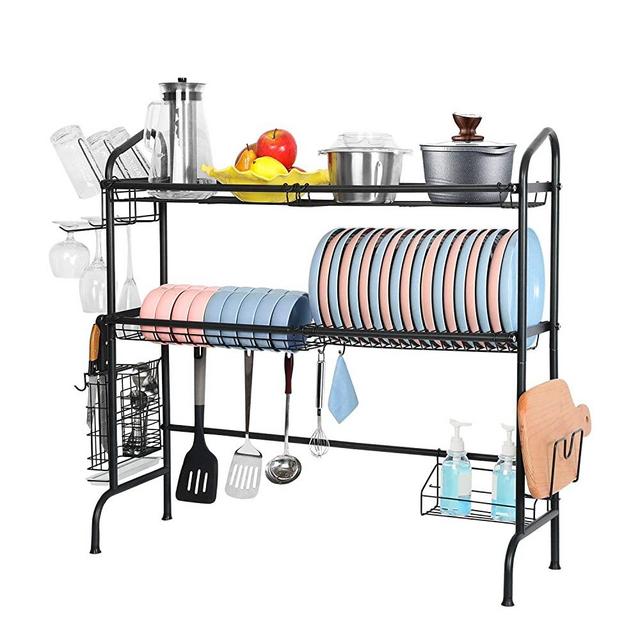 Over the Sink Dish Drying Rack, Weluvfit 2 Tier Large Stainless Steel Non-slip Dish Drying Rack with Utensil Holder Hooks for Kitchen Counter
