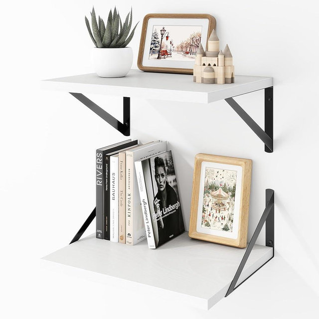 Acovy Deep Floating Shelves Wall Mounted, 16"x12" White Wall Shelves with Brackets Set of 2 for Bedroom, Living Room, Bathroom, Kitchen, Office - Storage & Display Shelf for Decor, Books, Plants