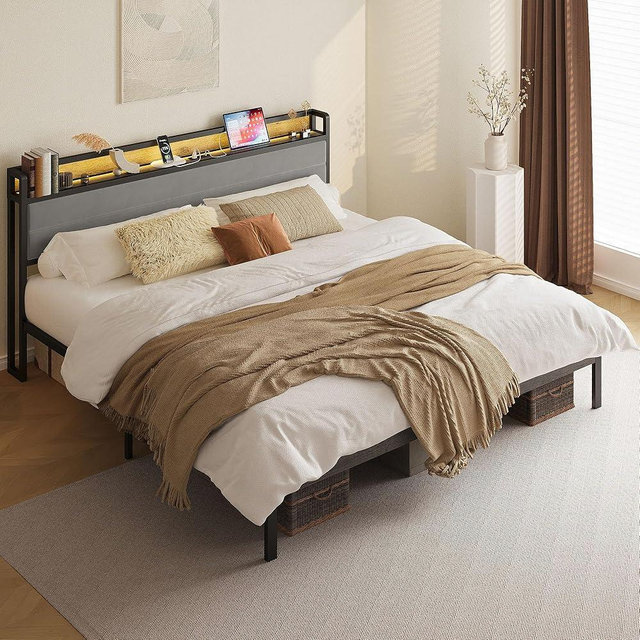 LIKIMIO California King Bed Frame with Storage Headboard & LED Lights, Metal Platform Bed with Charging Station, Noise Free, No Box Spring Needed, Under Bed Storage, Charcoal Gray