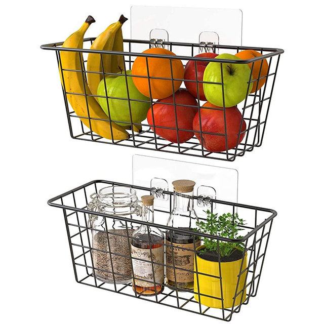 MaraFansie Wire Storage Basket Over the Cabinet Door Organizer, No Drilling Wall Hanging Baskets with Adhesive for Cabinet & Pantry Organization and Kitchen, Bathroom, Bedroom Storage, 2 Pack, Black
