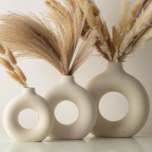White Vases for Decor Set of 3 - Boho Vases for Pampas Grass, Ceramic Vase Set, Coffee Table Decor Set, Table Centerpieces for Dining Room, Donut Vases