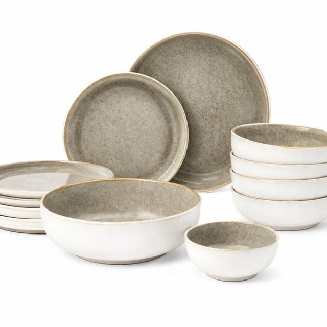 Stoneware Dinnerware Set for 4, Speckled Beige Ceramic Dishes, Minimalist Kitchen Bowls Plates