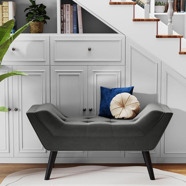 Andeworld Upholstered Tufted Small Cute Bench Ottoman for Entryway Foyer Bathroom Vanity Bedroom (One Seater, Dark Grey)