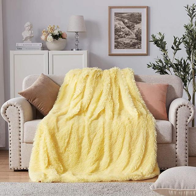 NexHome Soft Shaggy Solid Reversible Faux Fur Blanket Throw Blanket 50" x 60", Luxury Fuzzy Plush Comfy Microfiber Long Faux Fur Decorative Blankets for Sofa Couch Bed Chair Photo Props, Light Yellow
