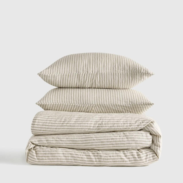 European Linen Duvet Cover Set - Willowleaf/White Stripe, Full/Queen