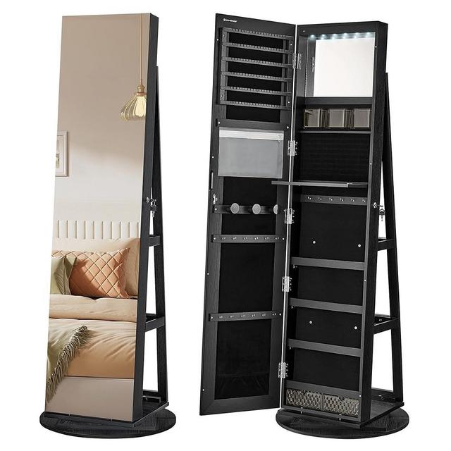 SONGMICS 6 LEDs Lockable Mirror Jewelry Cabinet, 360° Swivel Jewelry Organizer, Standing Jewelry Armoire, Frameless Full-Length Mirror, 3 Storage Shelves, Black Surface, Black Lining UJJC007B01