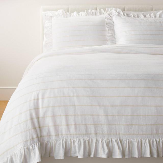 Full/Queen Yarn Dye Stripe with Ruffle Duvet Cover & Sham Set White/Khaki - Threshold™ with Studio McGee